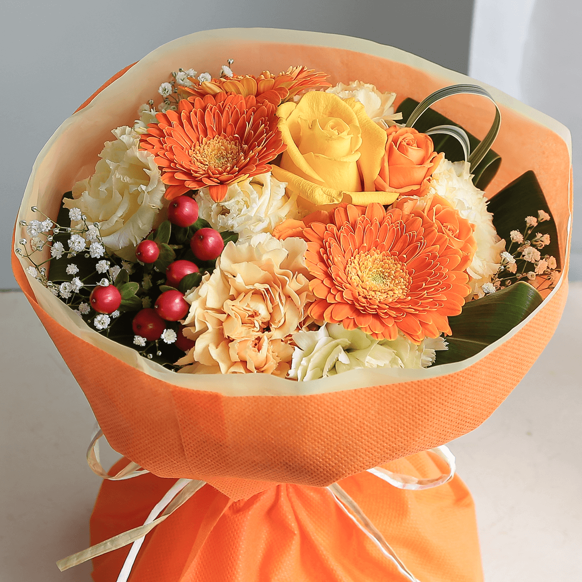 そのまま飾れる花束｜スタンドブーケ「フレッシュオレンジ」L