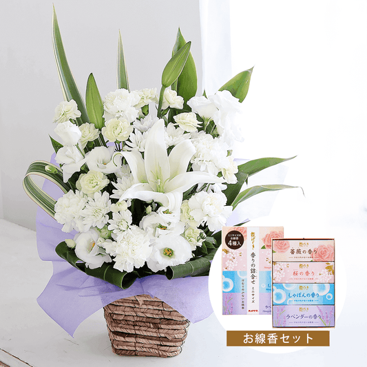 【お供え花・仏花】花瓶の要らないアレンジメント「シエル」(お線香セット)ペットのお供えのお花にもオススメ。花屋の通販|大阪の花屋01