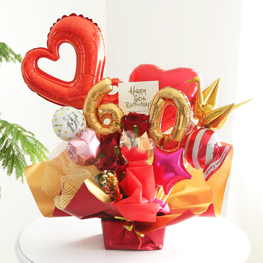 赤色を使った還暦祝いの豪華なバルーンギフト