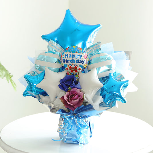 星が入ったブルーの豪華な誕生日用バルーンギフト