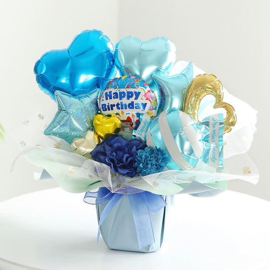 ハートが入ったブルーのオシャレな誕生日用バルーンギフト