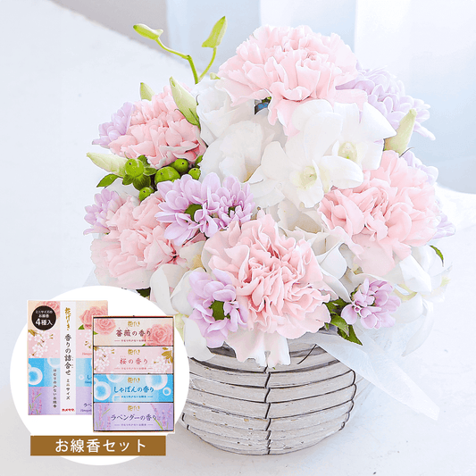 【お供え花・仏花】花瓶要らずでそのまま飾れるアレンジメント「スフレ ホワイトピンク」(お線香セット)ペットのお供えのお花にもオススメ。花屋の通販|大阪の花屋01