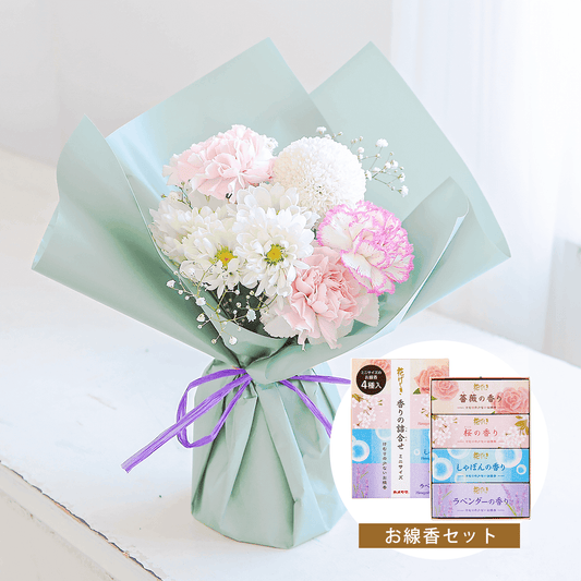 【お供え花・仏花】そのまま飾れる花束|スタンドブーケ「アンジュ」(お線香セット)ペットのお供えのお花にもオススメ。花屋の通販|大阪の花屋01