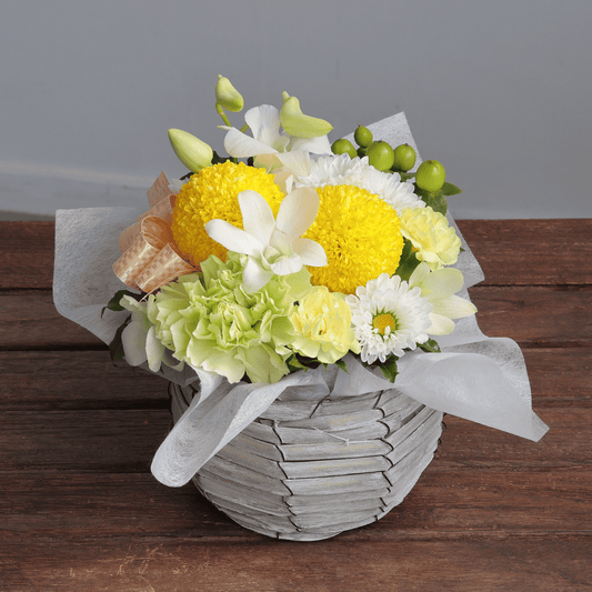 【お供え花・仏花】WEB限定|アレンジメント「メモワール」(黄色のピンポンマム)