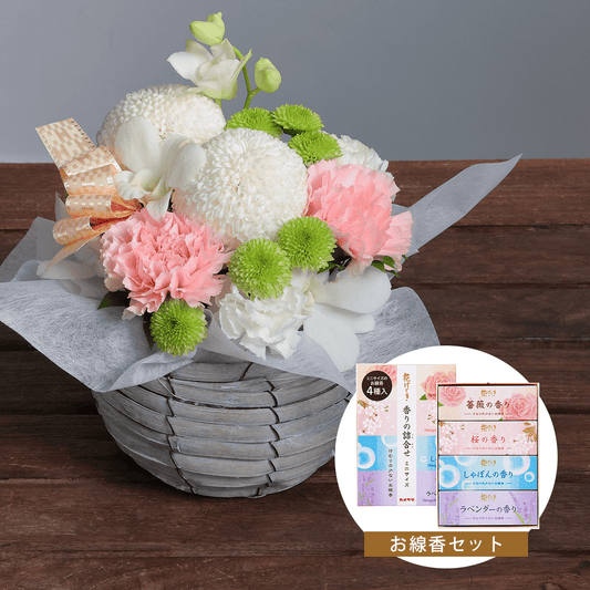 【お供え花・仏花】WEB限定|アレンジメント「メモワール ピンク」(お線香セット)(白のピンポンマム)