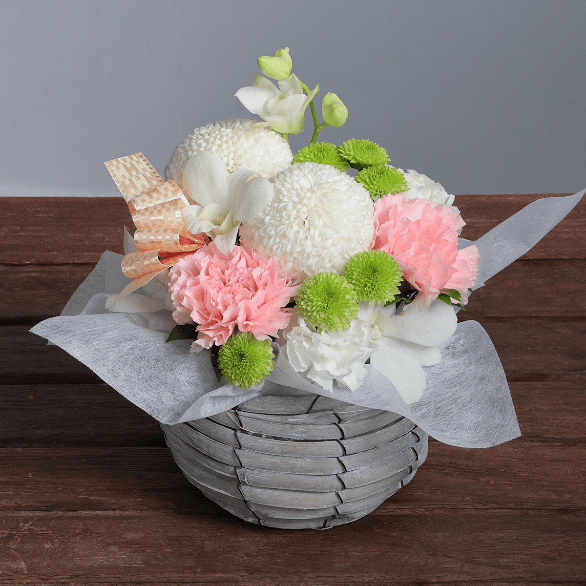 【お供え花・仏花】WEB限定｜アレンジメント「メモワール ピンク」(白のピンポンマム）