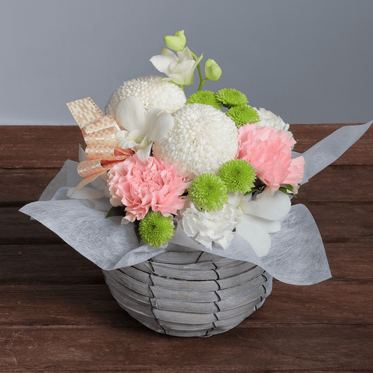 【お供え花・仏花】WEB限定｜アレンジメント「メモワール ピンク」(白のピンポンマム）