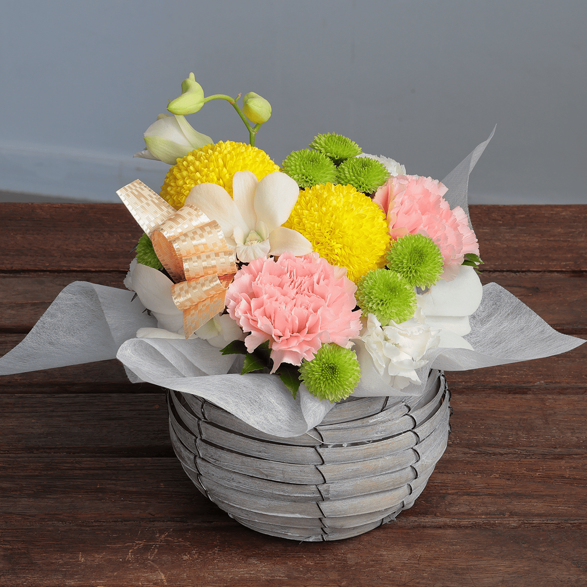 【お供え花・仏花】WEB限定｜アレンジメント「メモワール ピンク」(黄色のピンポンマム）