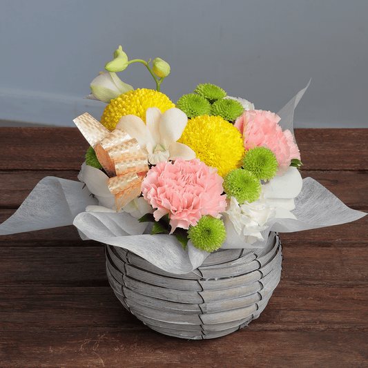 【お供え花・仏花】WEB限定｜アレンジメント「メモワール ピンク」(黄色のピンポンマム）