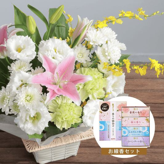【お供え花・仏花】WEB限定｜アレンジメント「レェーヴ グリーン」（お線香セット）（ピンクのユリ）