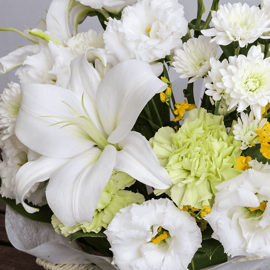 【お供え花・仏花】WEB限定｜アレンジメント「レェーヴ グリーン」（お線香セット）（白のユリ）