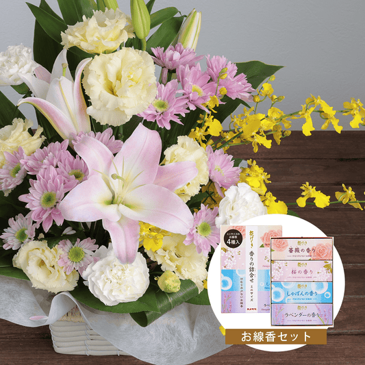 【お供え花・仏花】WEB限定|アレンジメント「レェーヴ」(お線香セット)(ピンクのユリ)