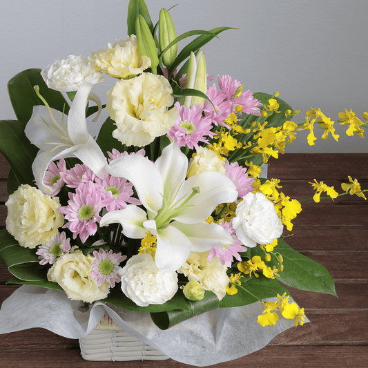 【お供え花・仏花】WEB限定|アレンジメント「レェーヴ ピンク」(白のユリ)