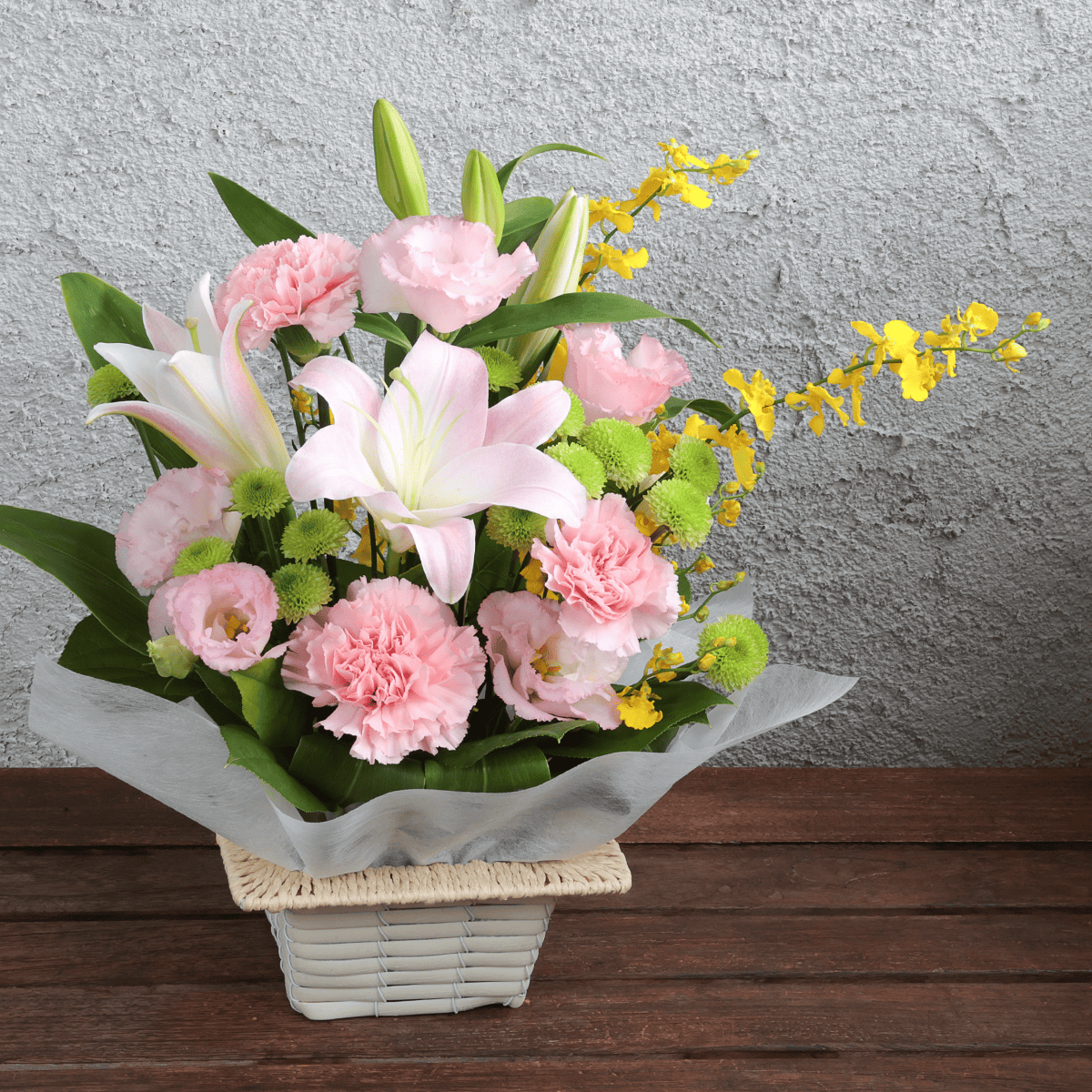 【お供え花・仏花】WEB限定｜アレンジメント「レェーヴ ピンク」（お線香セット）（ピンクのユリ）