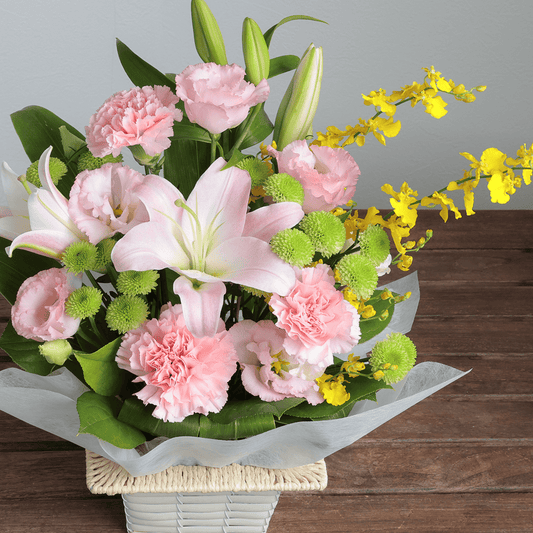 【お供え花・仏花】WEB限定｜アレンジメント「レェーヴ ピンク」（お線香セット）（ピンクのユリ）