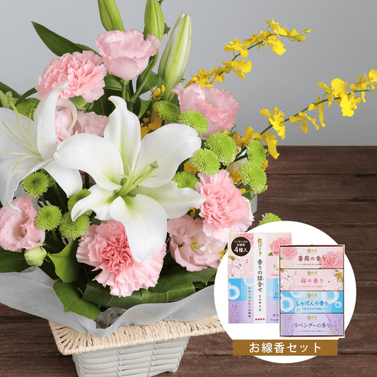 【お供え花・仏花】WEB限定｜アレンジメント「レェーヴ ピンク」（お線香セット）（白のユリ）