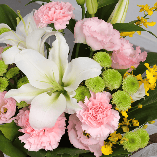 【お供え花・仏花】WEB限定｜アレンジメント「レェーヴ ピンク」（白のユリ）