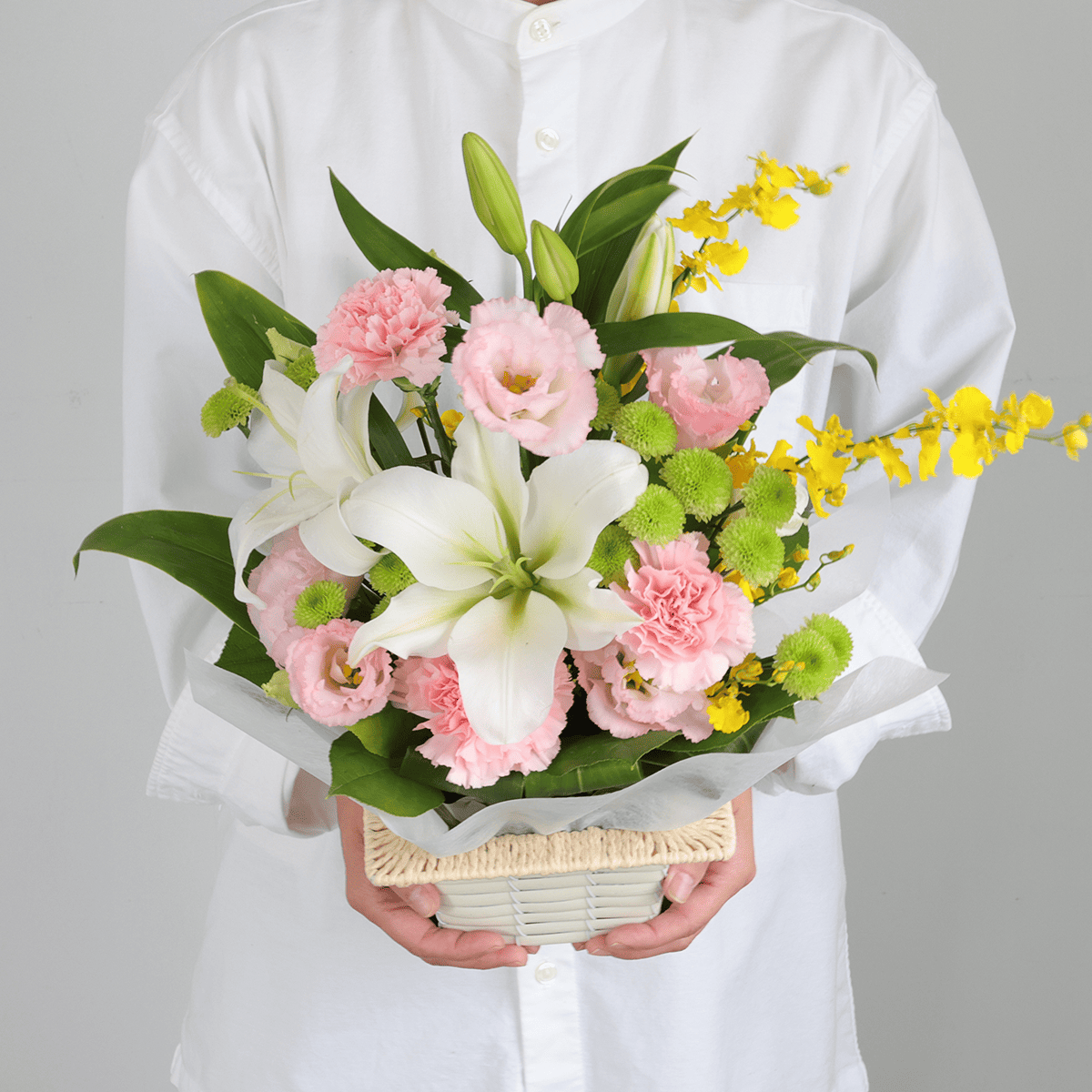 【お供え花・仏花】WEB限定｜アレンジメント「レェーヴ ピンク」（お線香セット）（白のユリ）