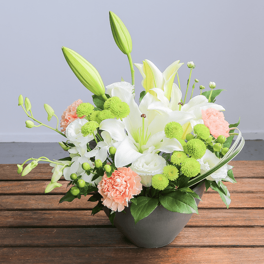 【お供え花・仏花】WEB限定|アレンジメント「プレシャス・メモリー ミックス」(お線香セット)