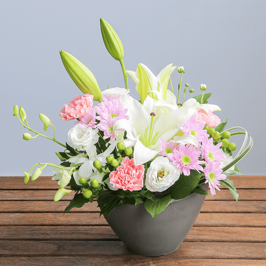 【お供え花・仏花】WEB限定|アレンジメント「プレシャス・メモリー ピンク」(お線香セット)